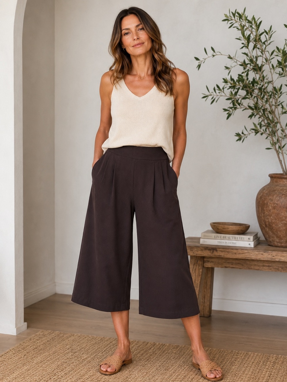 VINCE Wide Leg Cropped Culotte Pants Brown 100% Viscose Size 10